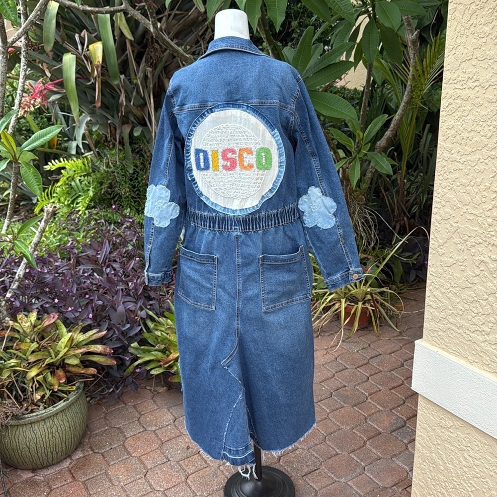 Reimagined Refashioned Denim Coat Disco Patch Hand Stitching Accents M/L/XL